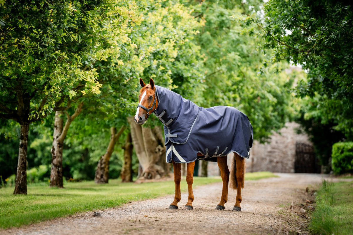 Horseware Rambo Duo Ripstop Plus Turnout bundel in Navy, zijaanzicht op het paard