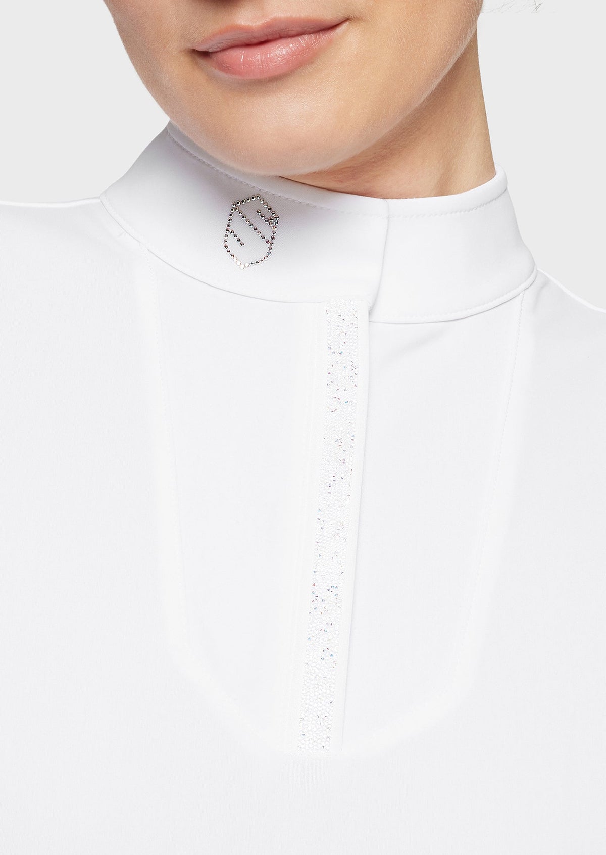 Samshield Apolline Premium Wedstrijdshirt Korte Mouwen Dames FW26 White Holo - detail - Maddelin Equestrian