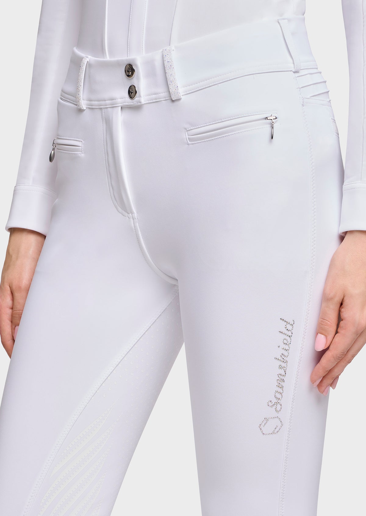 Samshield Clara Premium Full Grip Rijbroek Dames FW26 Wit - detail - Maddelin Equestrian