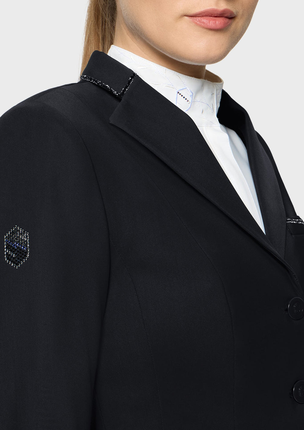 Samshield Victorine Crystal Fabric Wedstrijdjas Dames FW26 Zwart - detail - Maddelin Equestrian