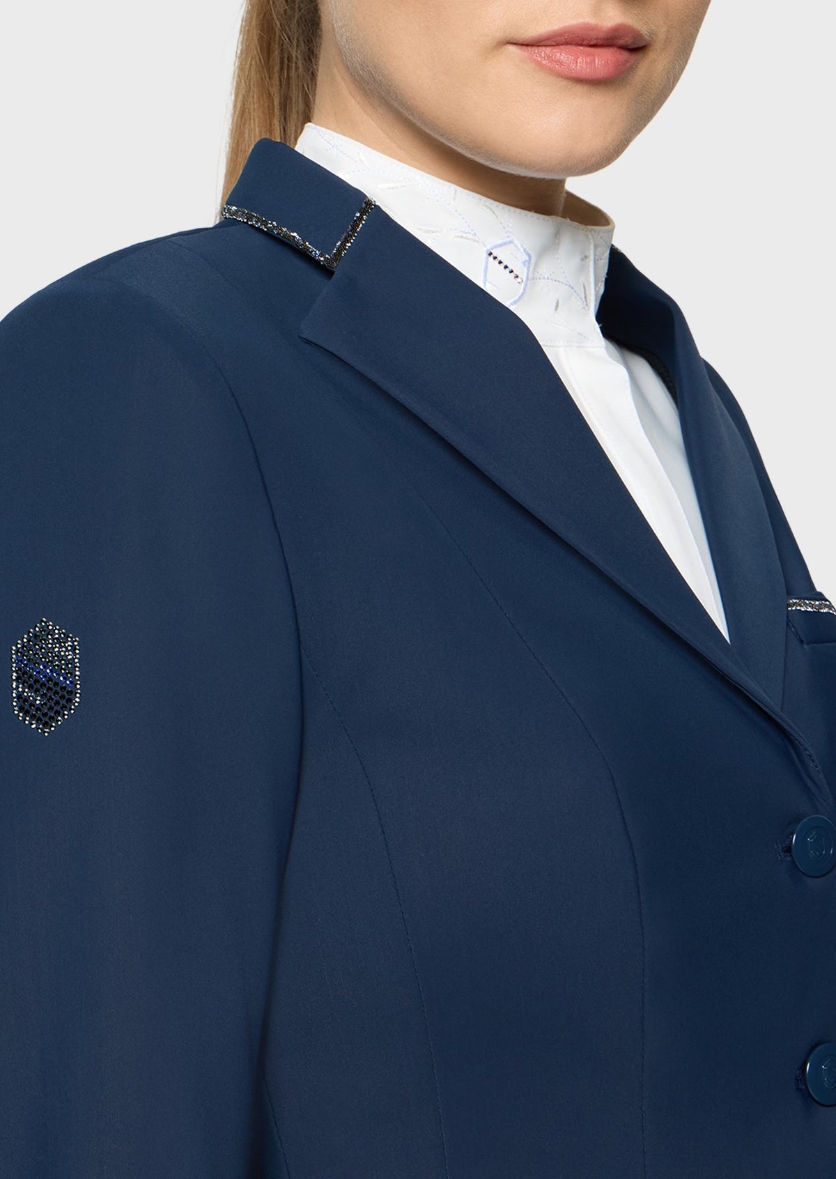 Samshield Victorine Crystal Fabric Wedstrijdjas Dames FW26 Cosmic Blue - detail - Maddelin Equestrian